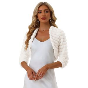 Bolero Open Front Cropped Fluffy Faux Fur Shrug White